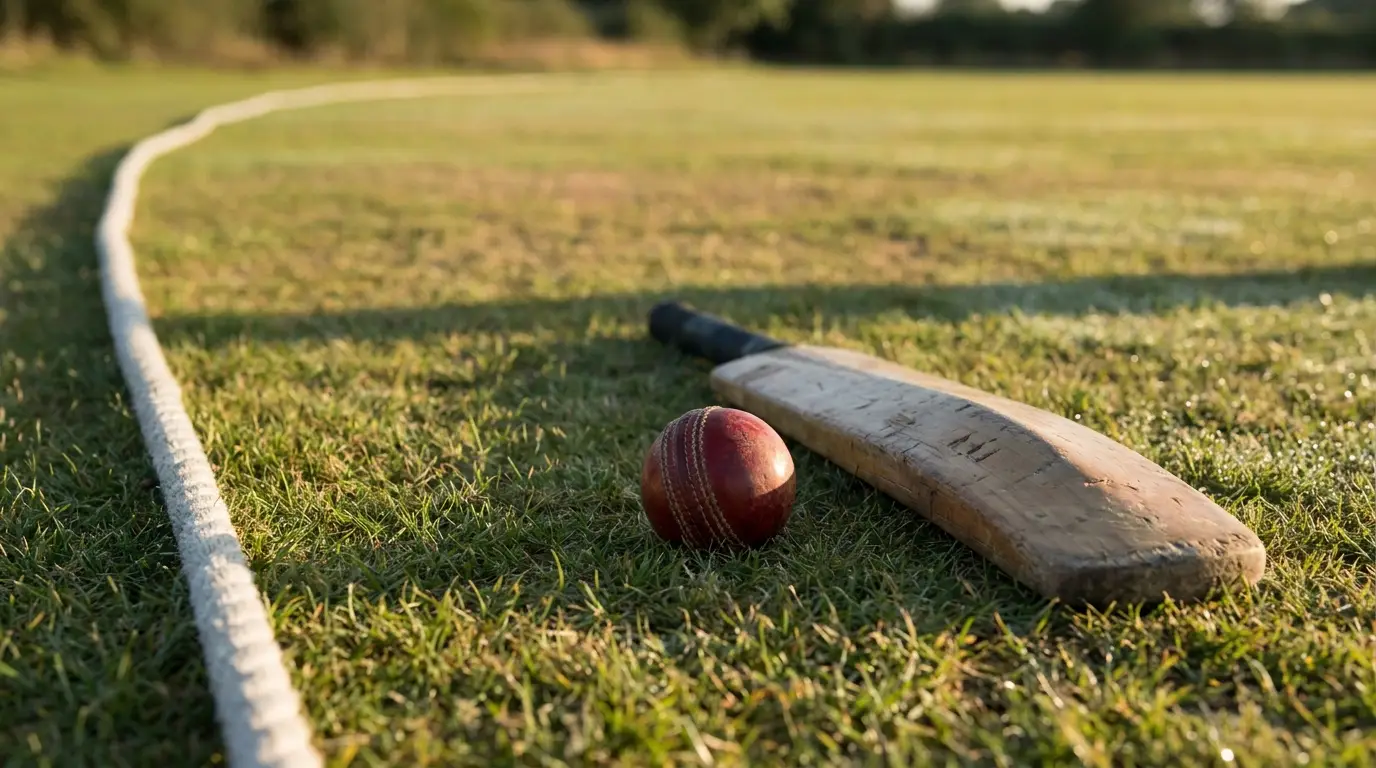 Cricket bat and ball on grass field with boundary line in sunlight