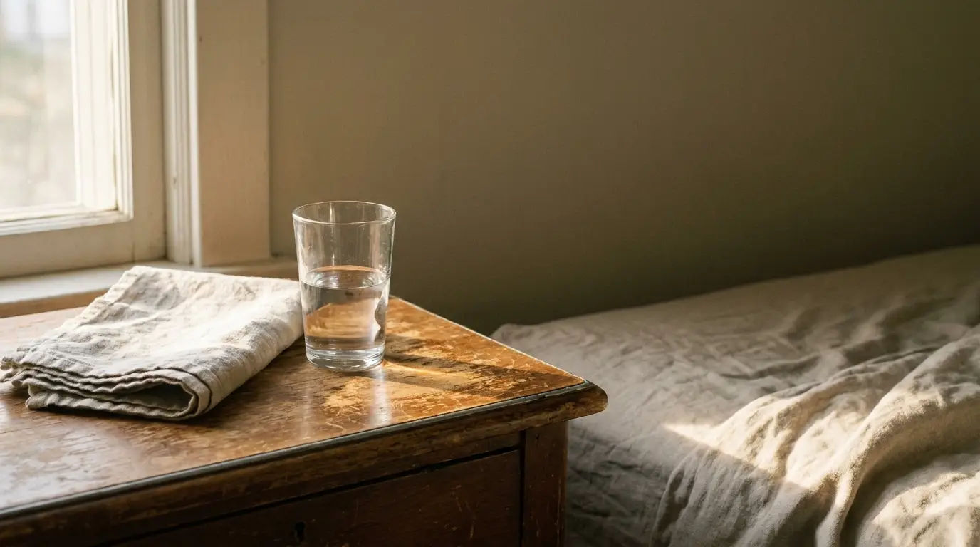 Glass of water and folded linen on wooden nightstand next to unmade bed in natural light