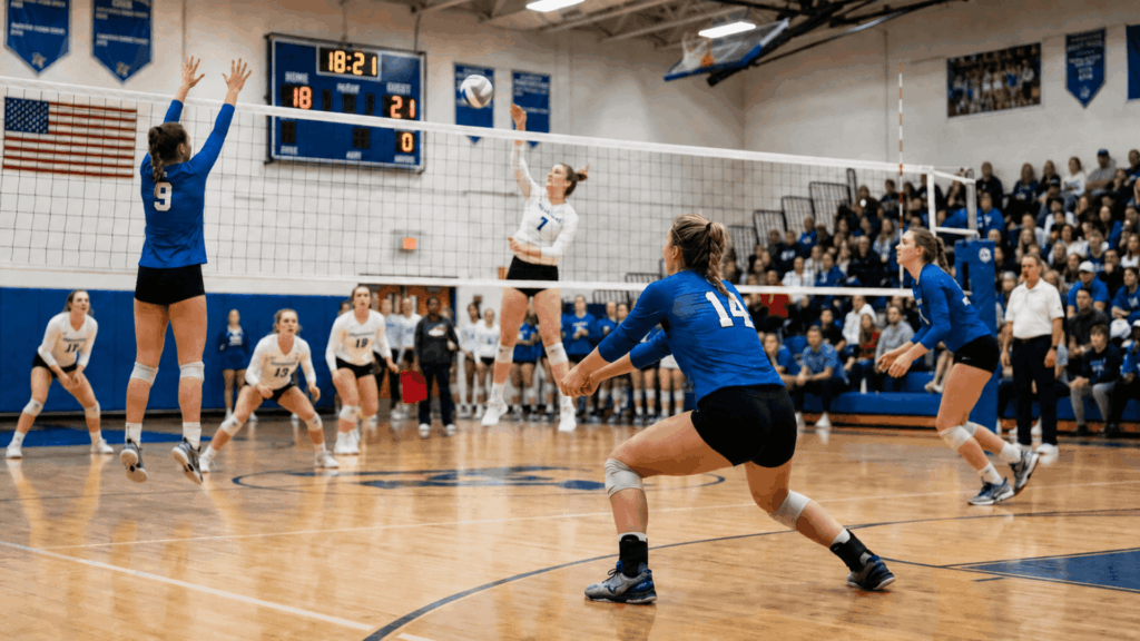 defensive specialist in a ready position watches the hitter as teammates block