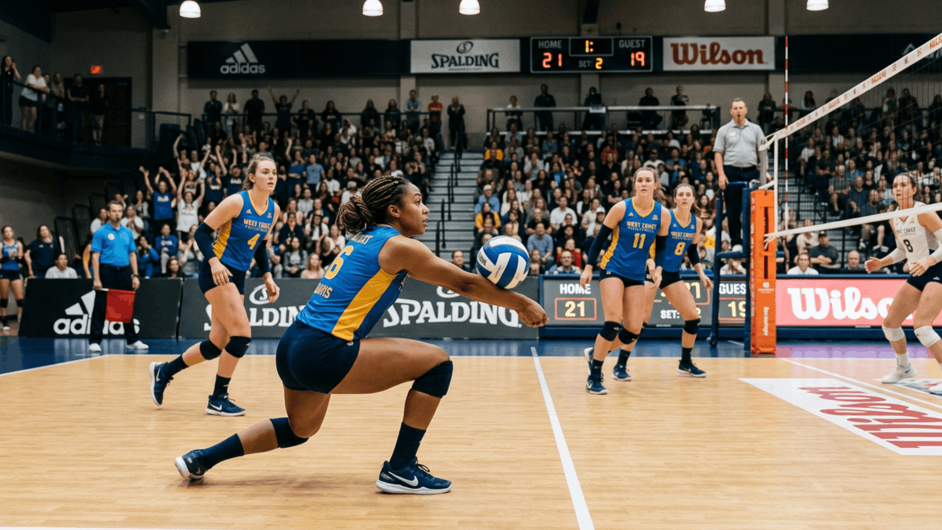 defensive specialist player making a controlled pass during an indoor volleyball match with teammates (1)