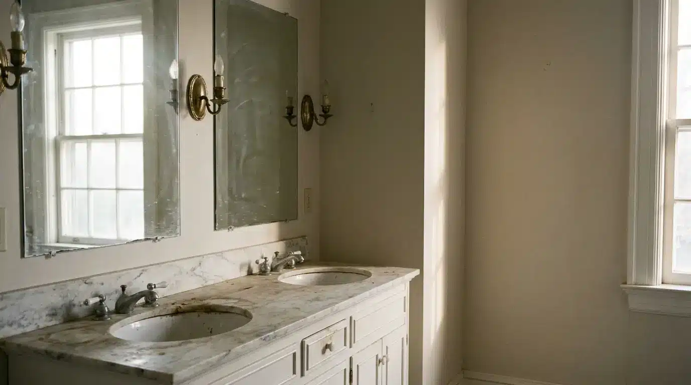 Double sink vanity with marble countertop and mirrors in sunlit bathroom