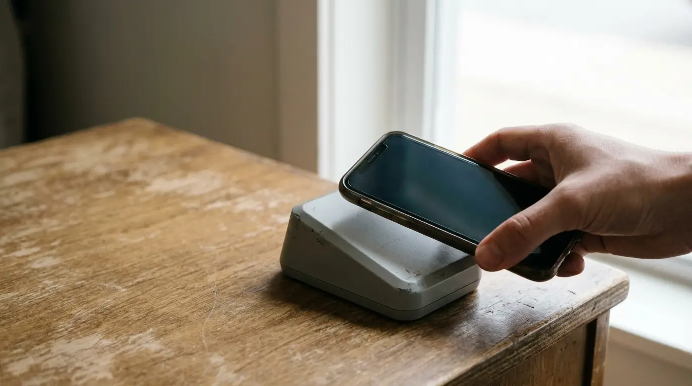 Smartphone being tapped on a contactless payment terminal on wooden table near window