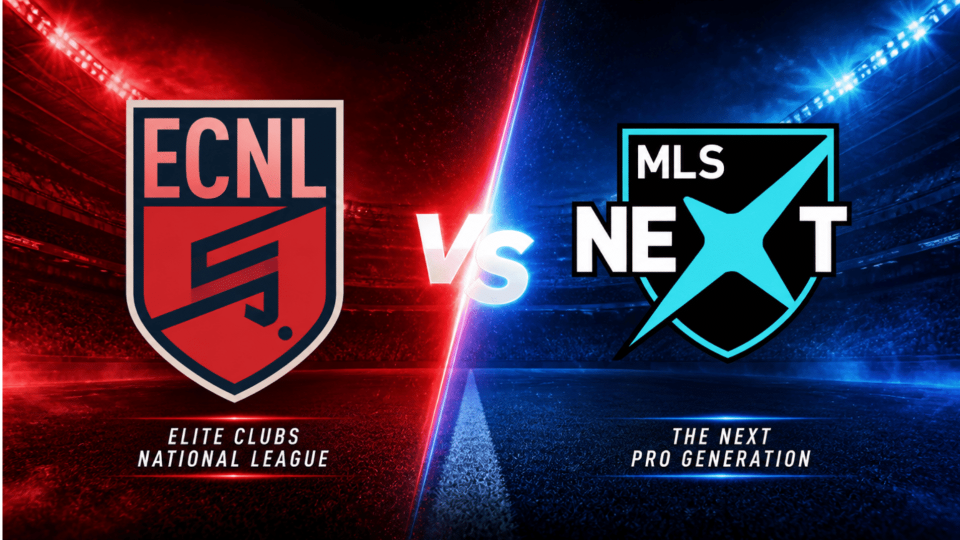 ecnl and mls next league logos facing each other on a split red and blue stadium background