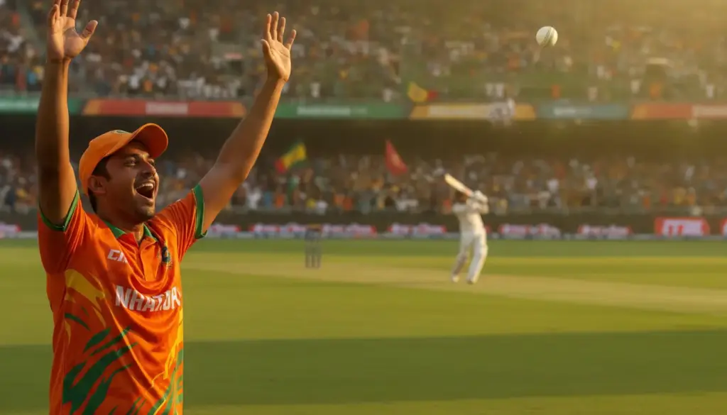Cricketer in orange uniform celebrating on field with cheering crowd in background
