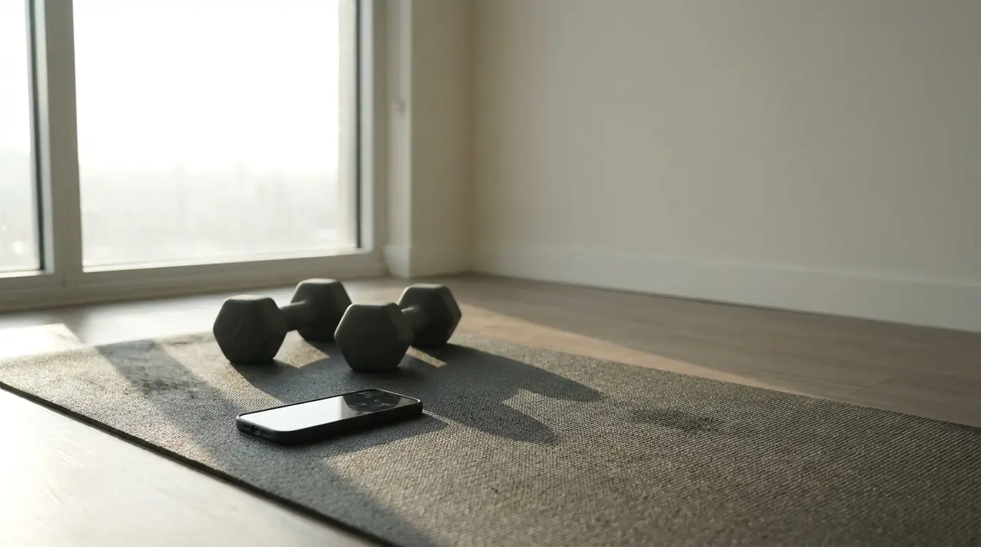 Dumbbells and smartphone on exercise mat near large window in bright room