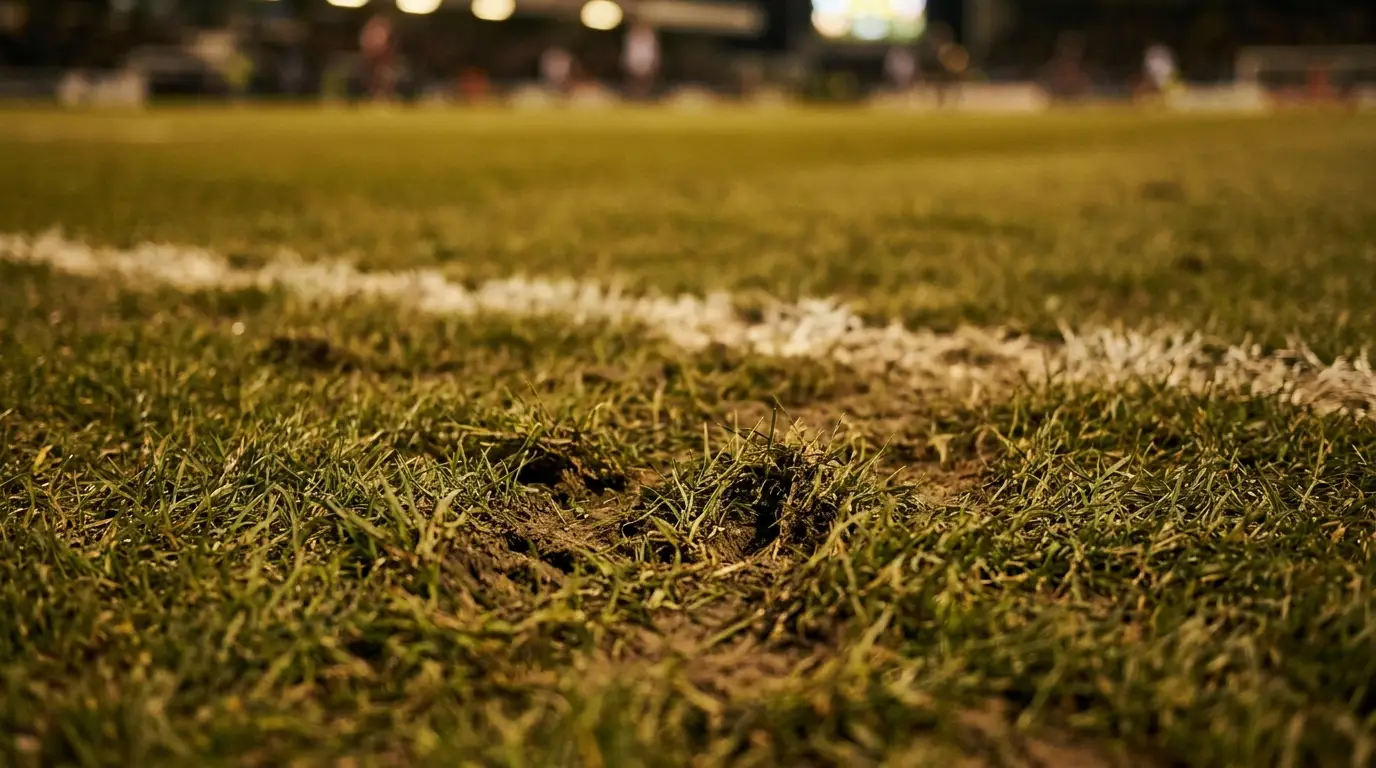 Close-up of grass and dirt on a football field under stadium lights at night