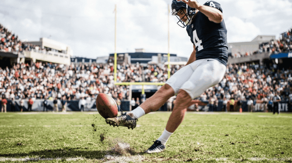 football player kicking the ball during a game with goalposts and packed stadium crowd in the background