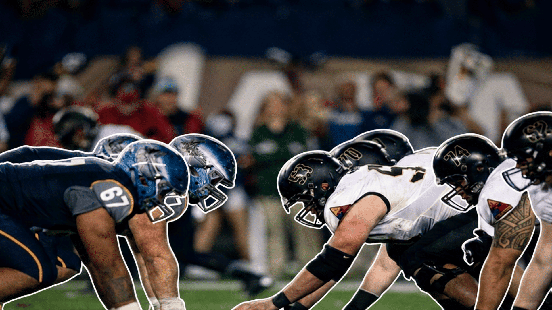 football players line up at the line of scrimmage facing each other moments before the snap during a competitive game