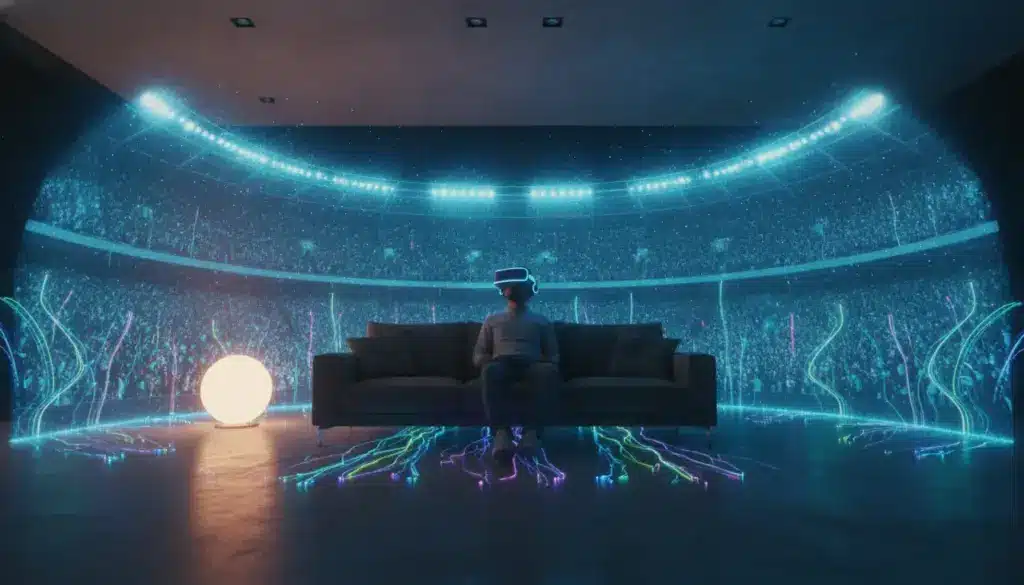 Person on couch wearing VR headset in virtual stadium environment with neon lights