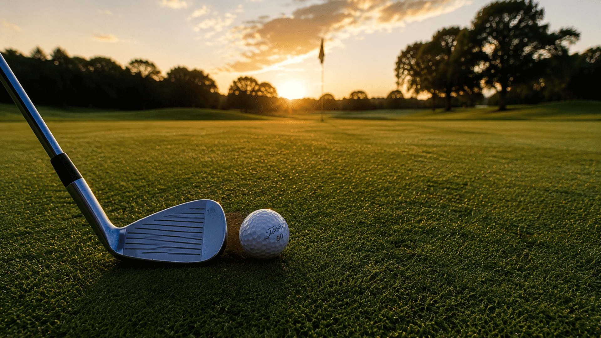 golf club and ball resting near the hole on a green course during a peaceful sunset evening view (1)