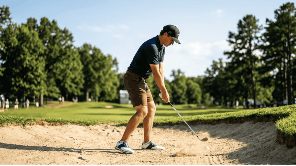 Golfer playing a bunker shot from a sand trap during a round on a sunny golf course