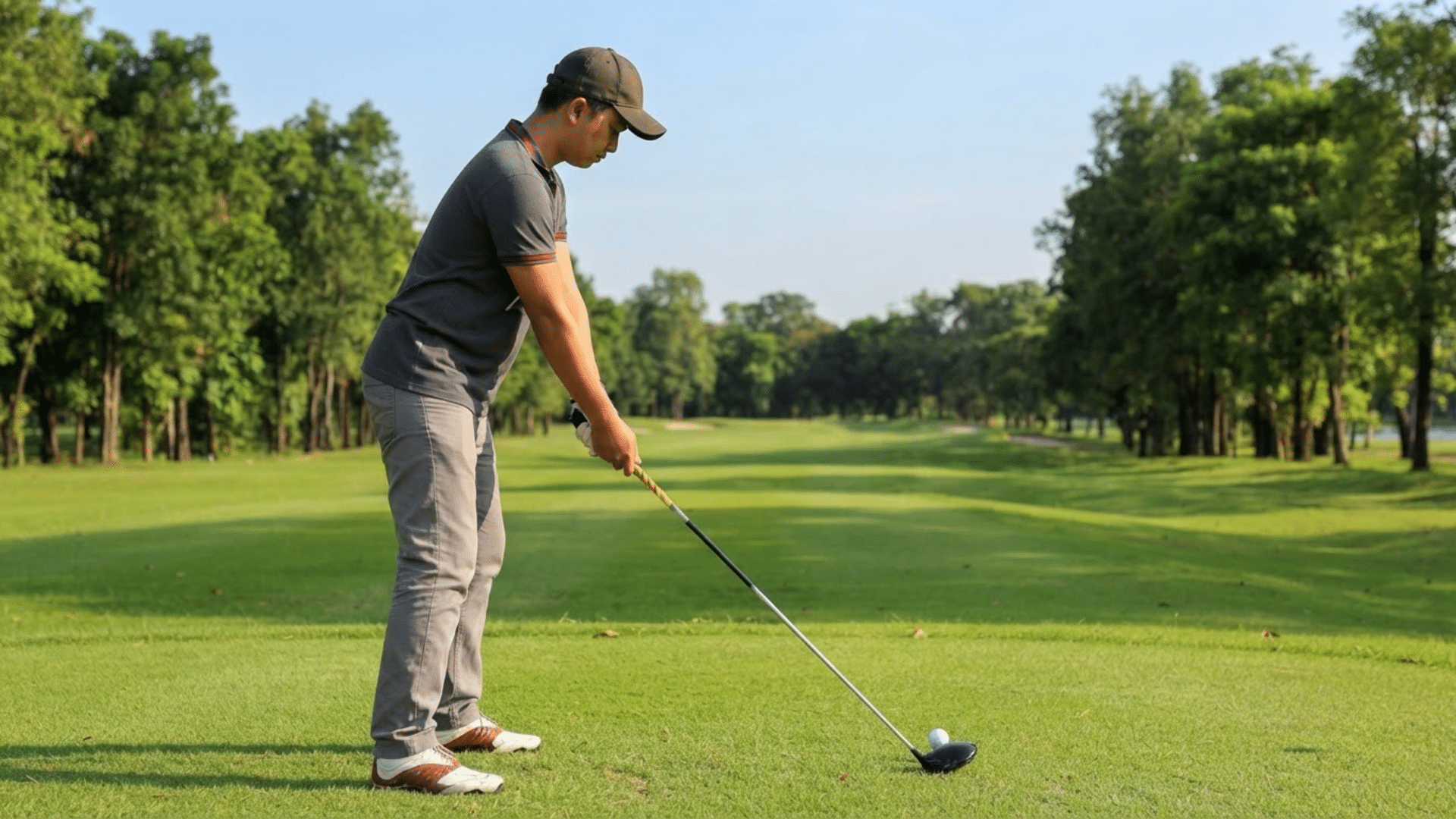golfer preparing to hit a ball with a driver on a sunny green golf course surrounded by trees