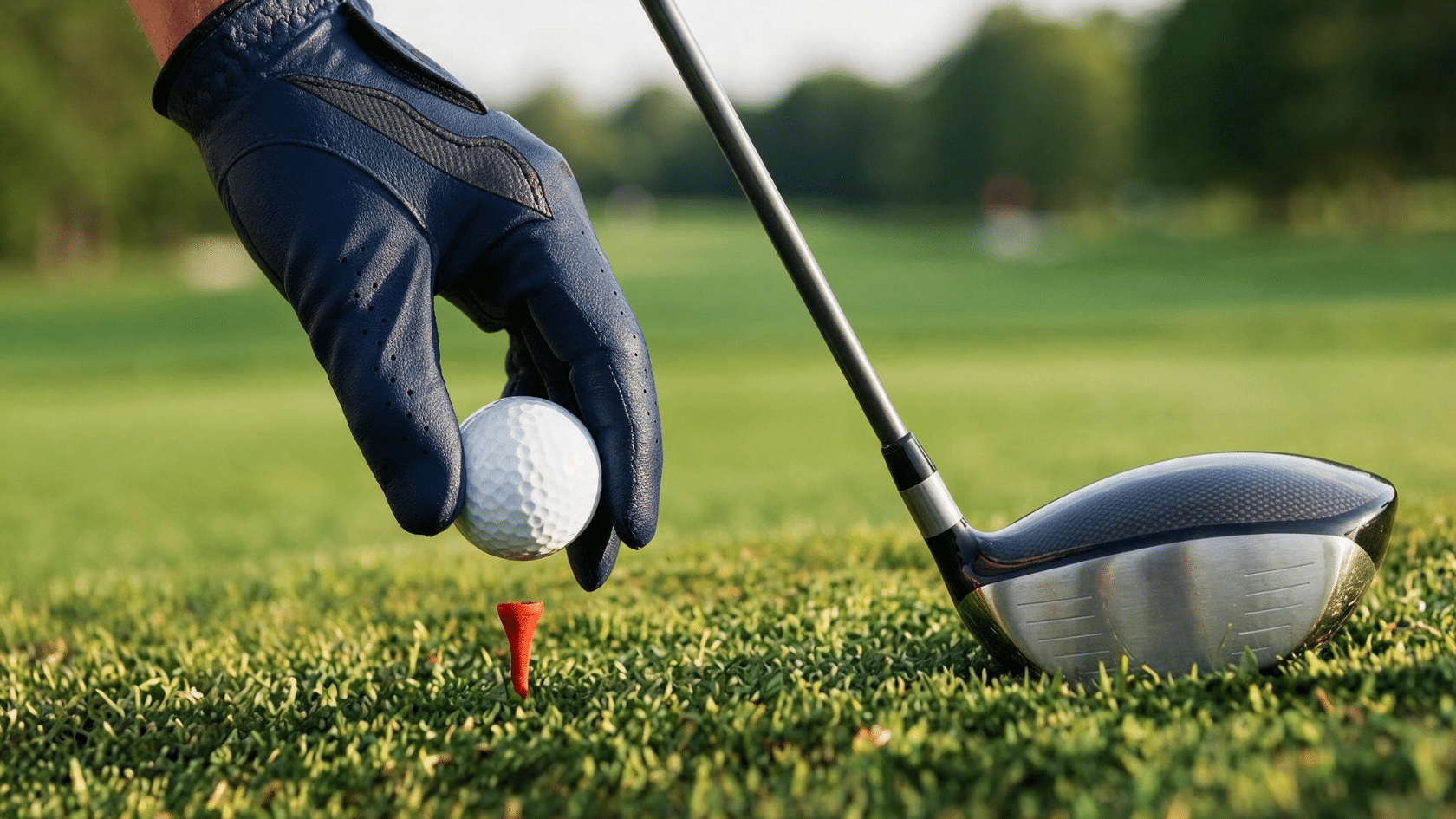 golfer wearing a black glove placing a golf ball on a red tee beside a driver on a green fairway