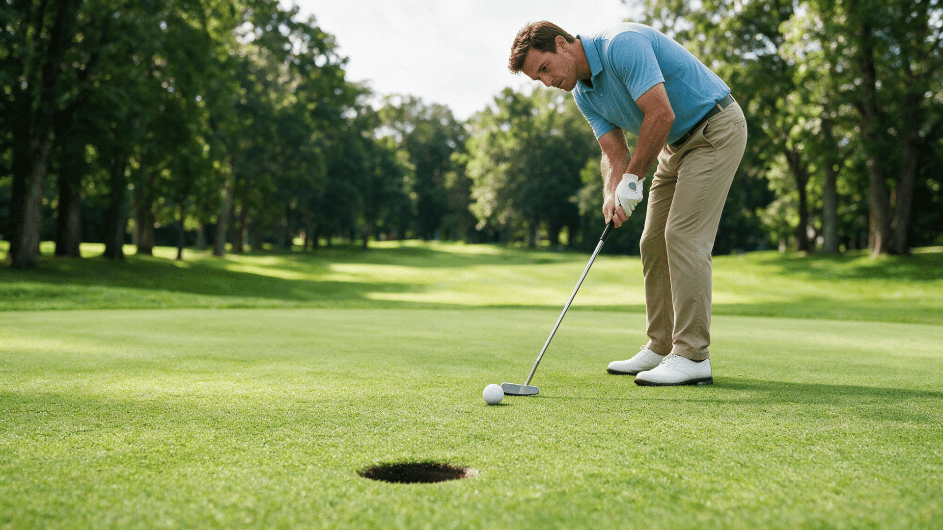 golfer preparing to hit a white ball near the hole on a lush green golf course surrounded by trees and sunlight.