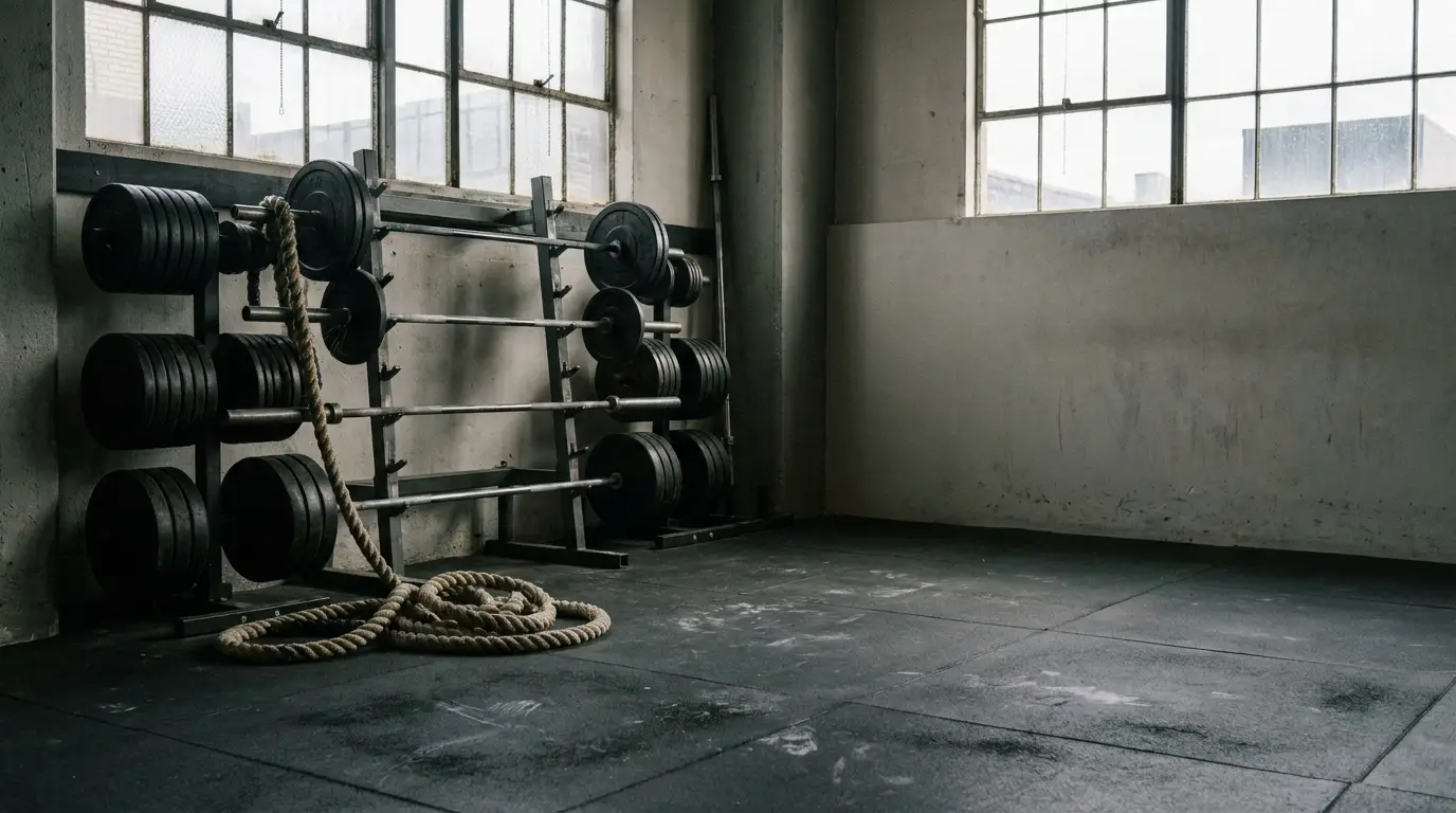 Barbells and battle ropes in an industrial-style gym with large windows and concrete floors