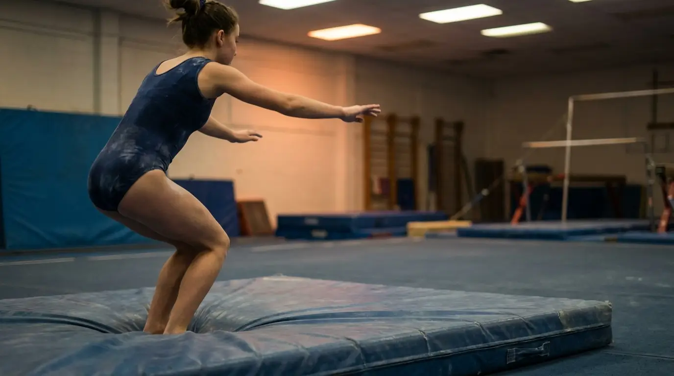 Gymnast in blue leotard practicing balance on mat in gymnasium