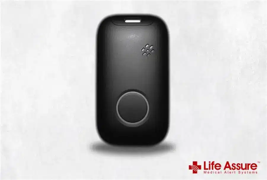 Black medical alert device with circular button on white background