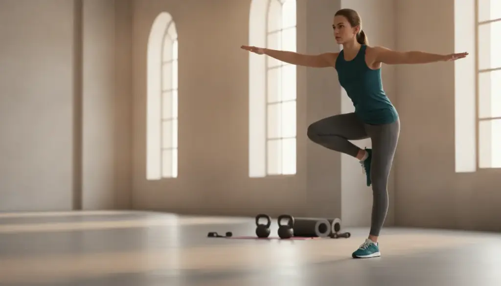Woman performing yoga balance pose in spacious minimalist studio with exercise equipment nearby