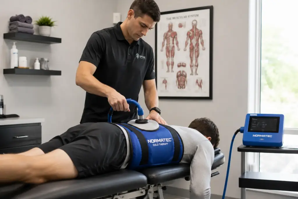 Man performing cold therapy treatment with Normatec device in clinic setting