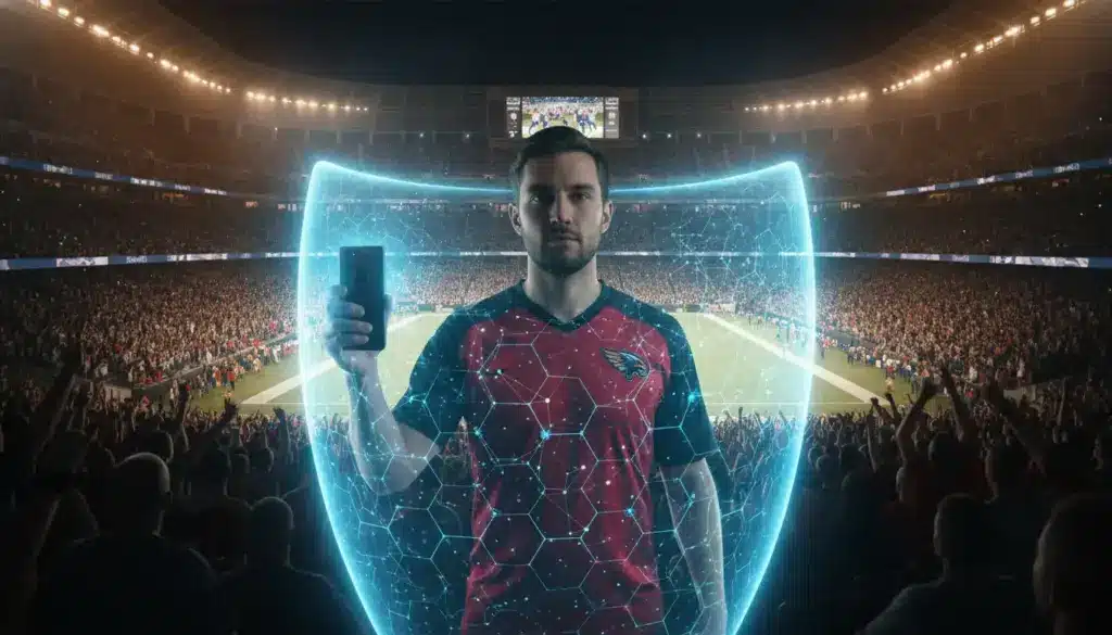 Soccer player holding smartphone with digital shield effect in crowded stadium at night