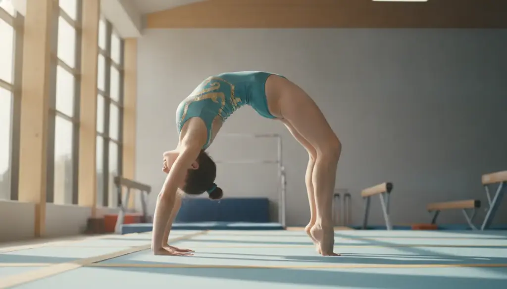 Young gymnast performing backbend on blue mat in sunlight-filled gymnasium