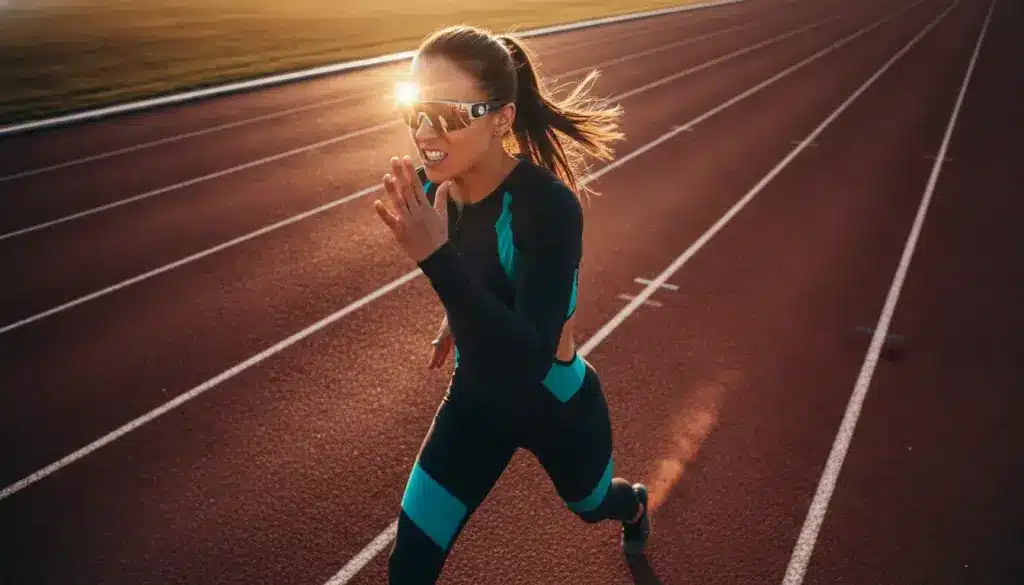 Athlete in sport attire sprinting on outdoor track at sunset with determined expression