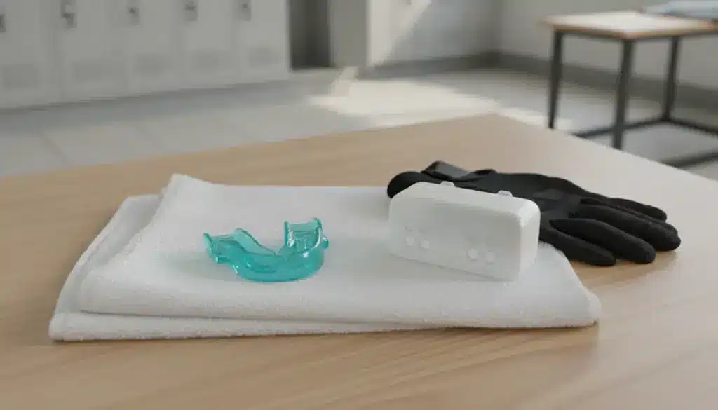 Blue mouthguard, wireless earbuds case, and black gloves on towel in locker room setting