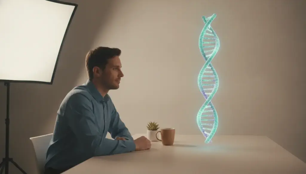 Man in blue shirt sitting at table with holographic DNA model and coffee mug