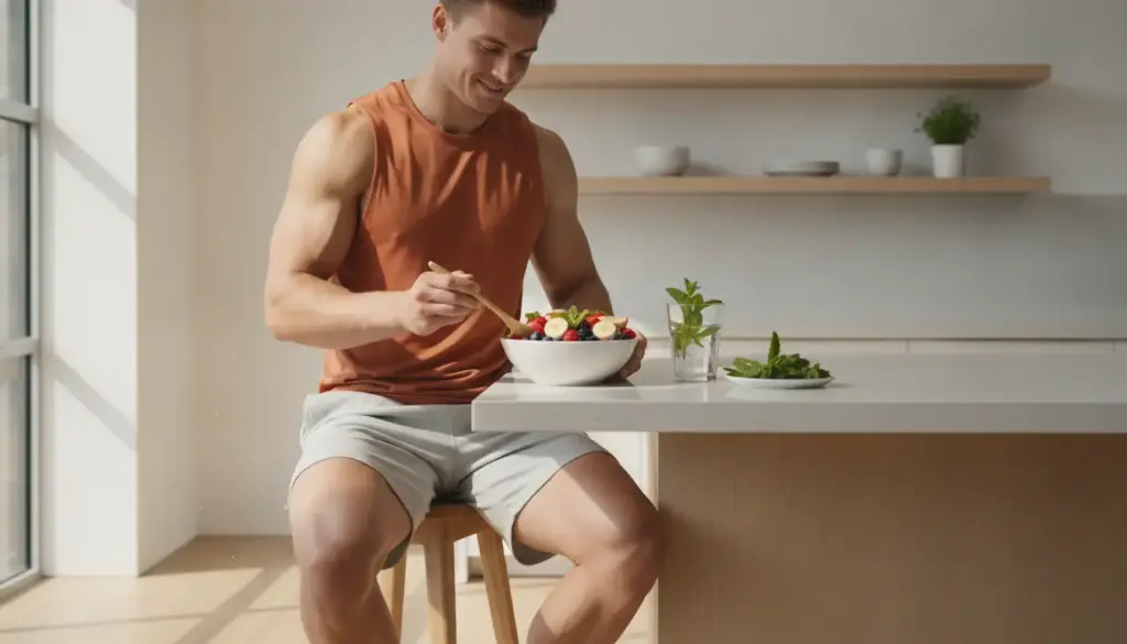 Man in orange tank top eating fruit salad at kitchen counter with natural light