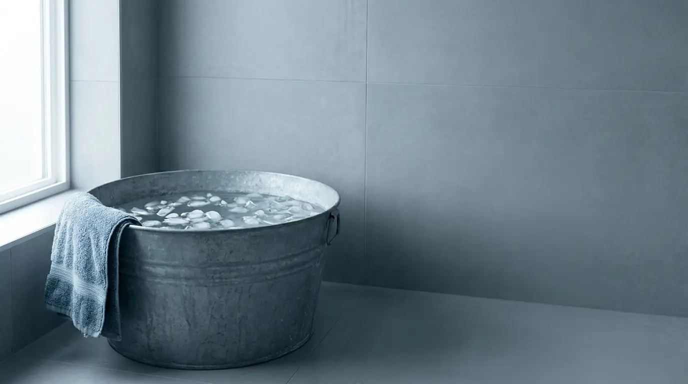 Galvanized metal tub filled with ice water and towel in minimalist bathroom setting