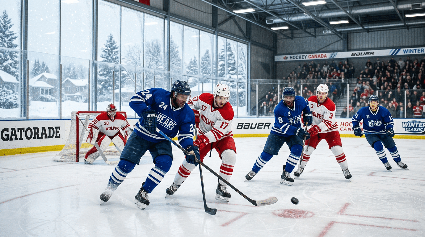 ice hockey players chasing the puck during a fast paced match inside an indoor arena with cheering spectators