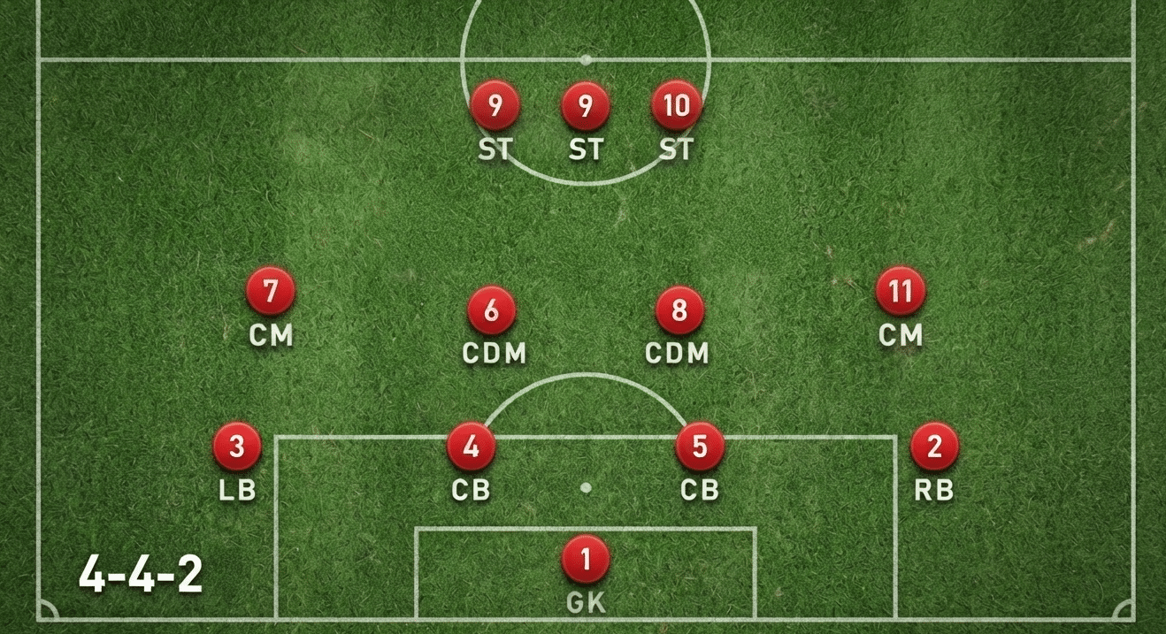 11v11 soccer 4 4 2 formation showing four defenders four midfielders and two forwards on a full soccer field