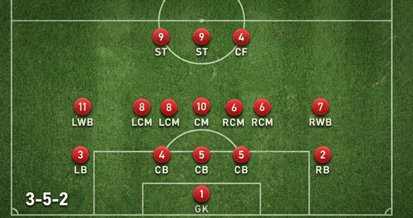 11v11 soccer 3 5 2 formation featuring three defenders five midfielders and two forwards on a soccer field