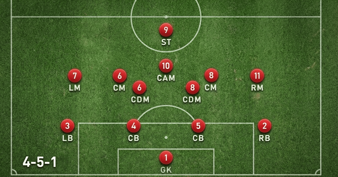 11v11 soccer 4 5 1 formation with four defenders five midfielders and one lone striker on a full soccer field