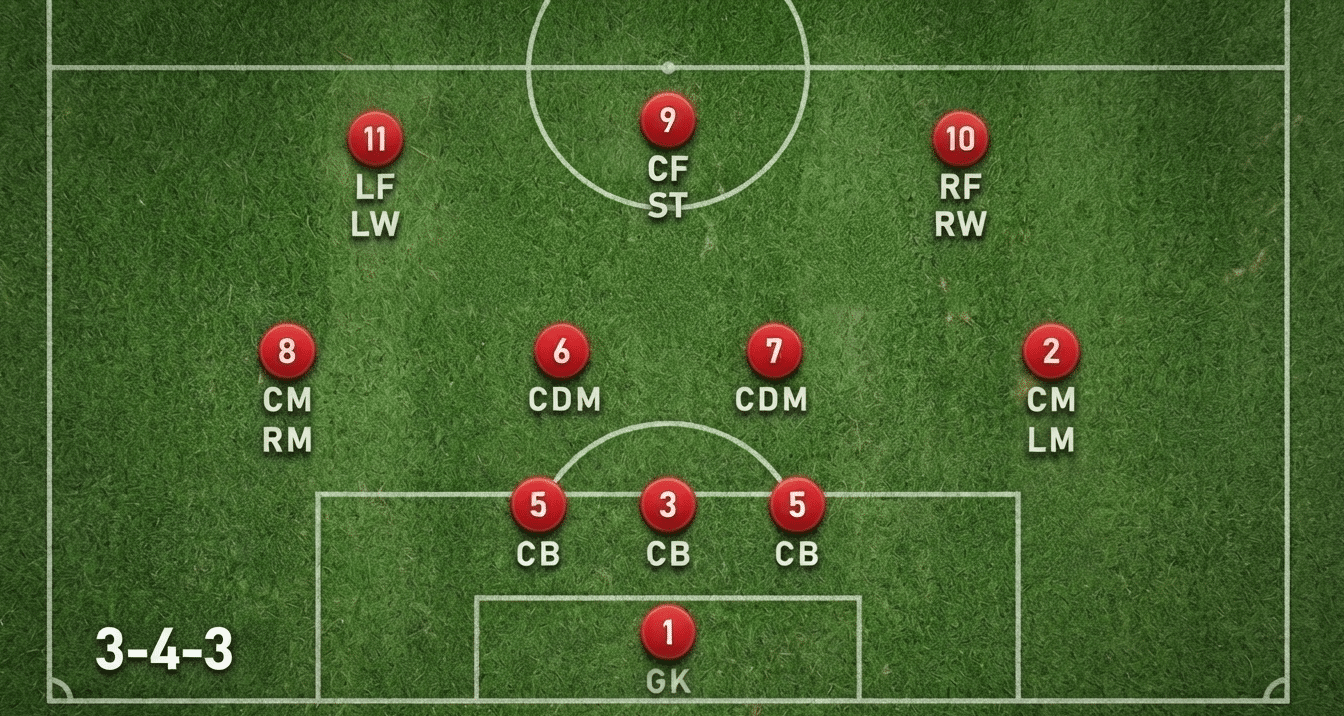 11v11 soccer 3 4 3 formation displaying three defenders four midfielders and three forwards on the field