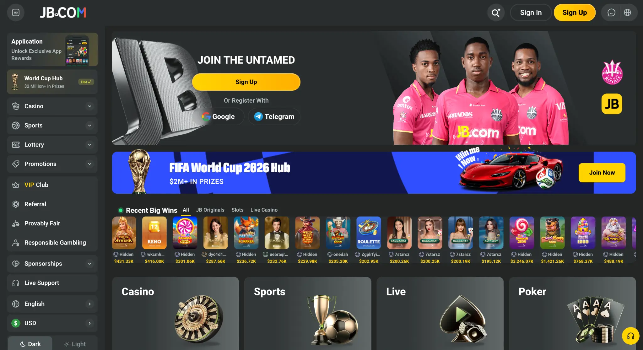 Online gaming platform homepage with navigation menu, sports betting options, and promotional banners