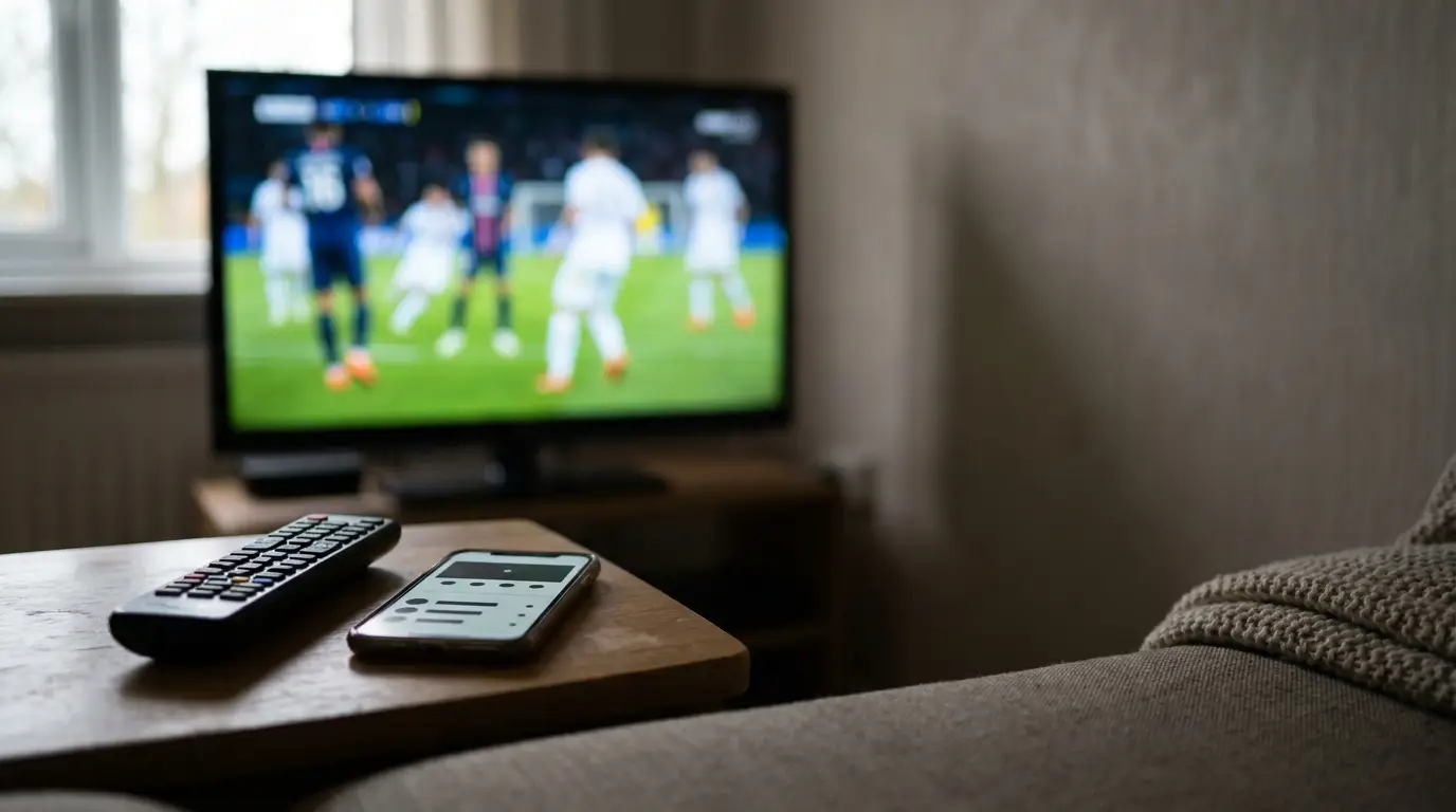 Remote control and smartphone on wooden table in front of TV showing soccer match