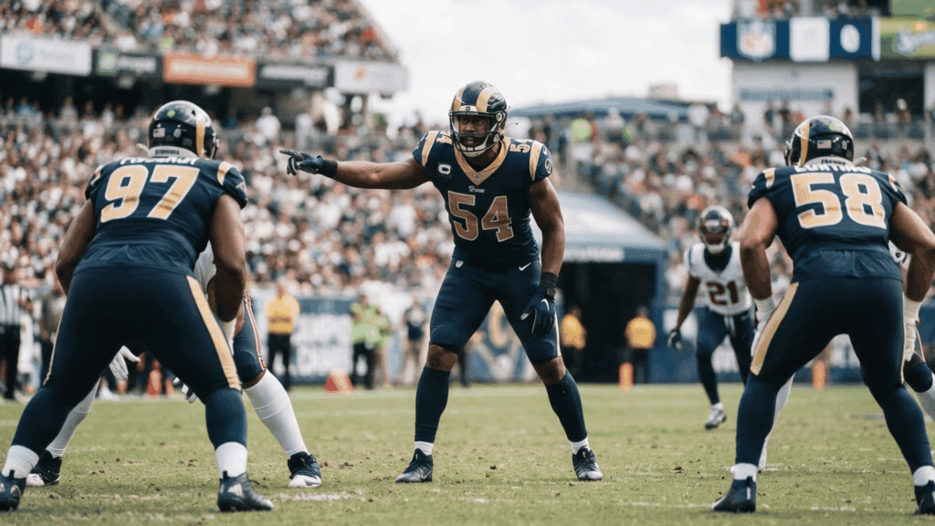 mike linebacker leading a football defense before a play with teammates positioned on the field in a stadium game setting