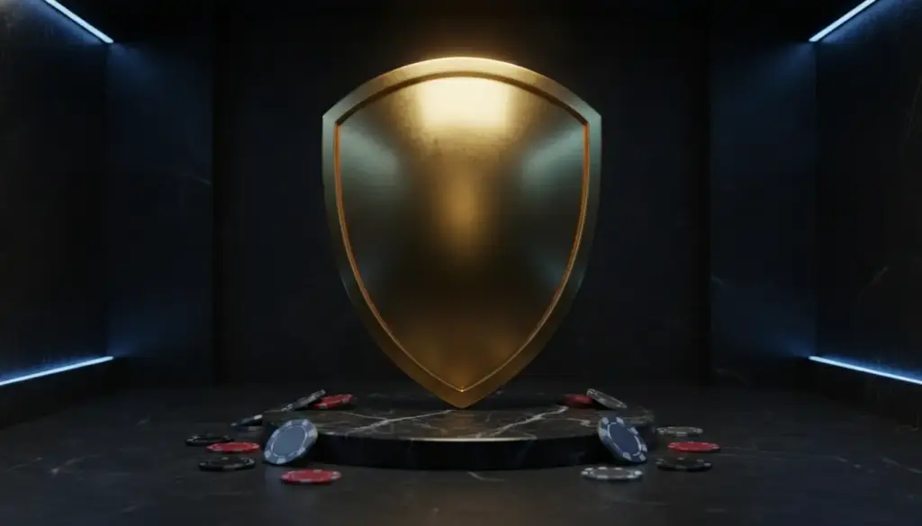 Golden shield displayed on dark marble platform surrounded by scattered poker chips