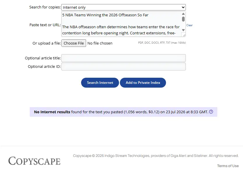 Online plagiarism checker interface with text box and search button on blue background