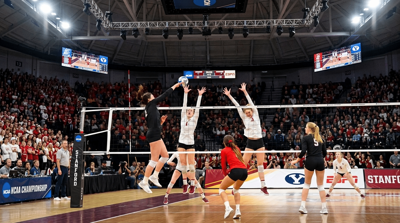 outside hitter volleyball player jumping to spike the ball over two blockers during an indoor match
