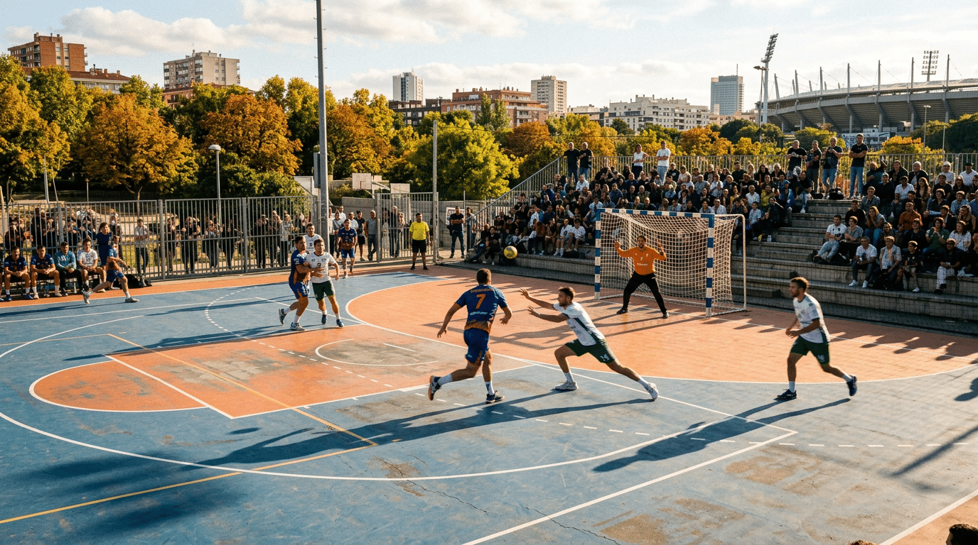 players competing in an outdoor handball match as a goalkeeper prepares to defend while spectators watch from the stands