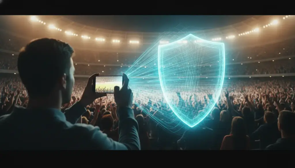Person holding smartphone at stadium with large digital shield overlay in bright lights