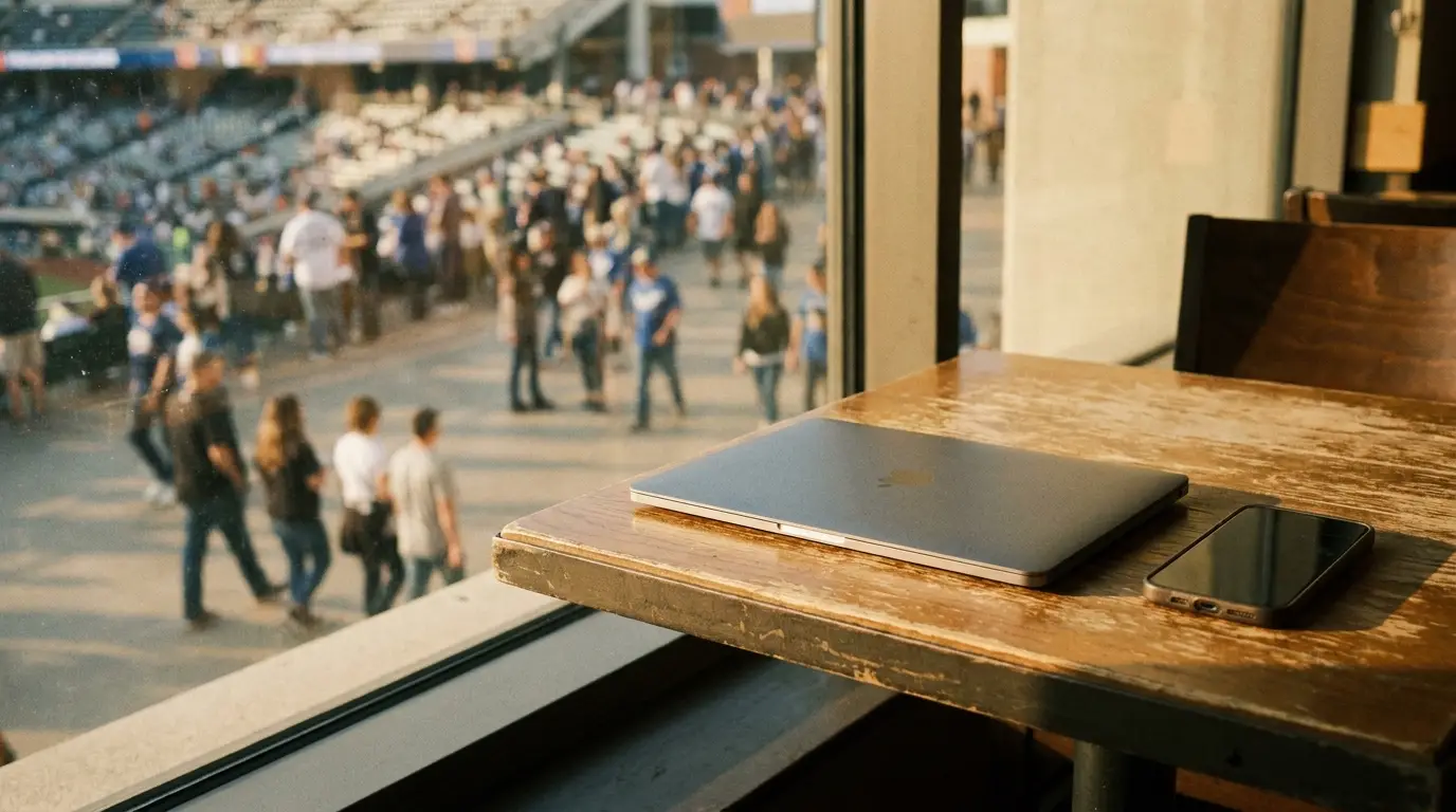 Laptop and smartphone on wooden table by window overlooking crowded stadium entrance