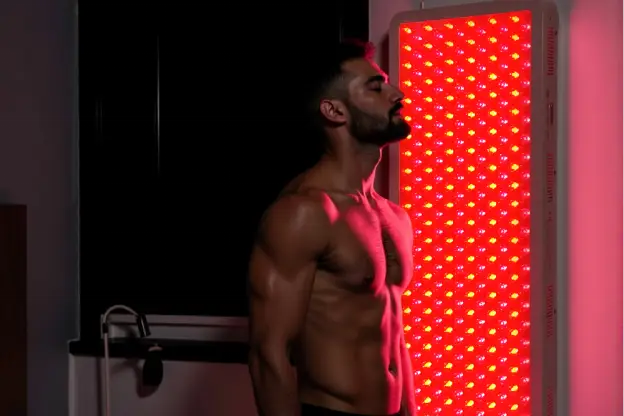 Shirtless man standing beside large red LED therapy light indoors