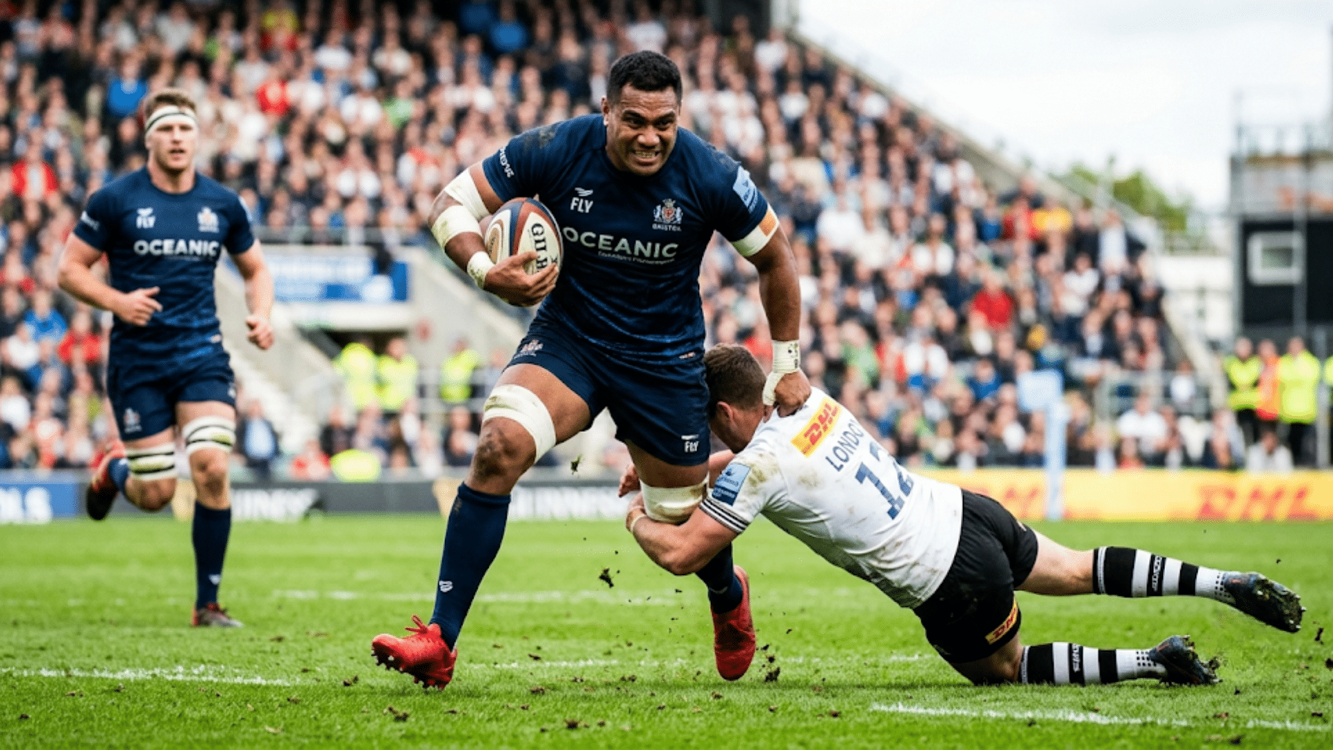 rugby players battle for possession during a tackle as teammates surround them with packed stadium crowd watches intense match