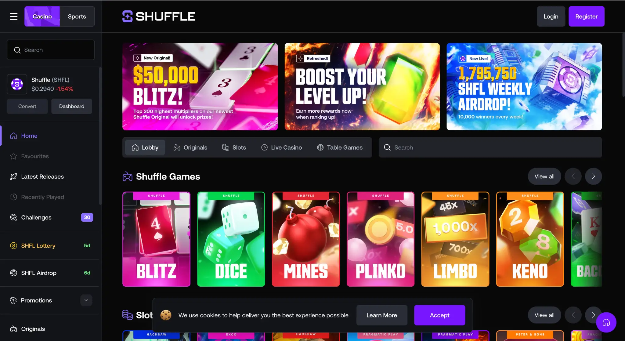 Online casino interface displaying various colorful game options and navigation menu