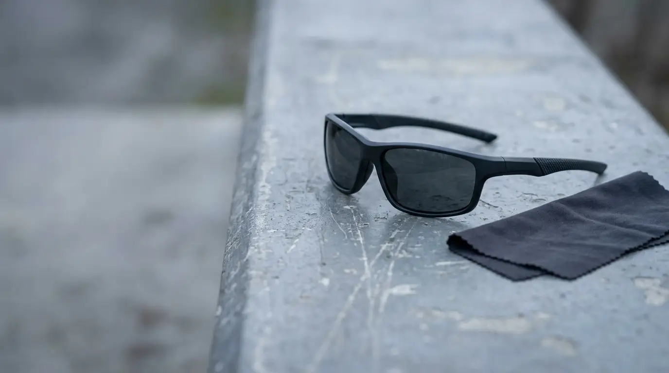 Dark sunglasses and cleaning cloth on a weathered concrete surface outdoors