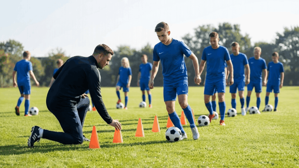 soccer coach guiding players through dribbling drills with cones during an outdoor team training session on a grass field