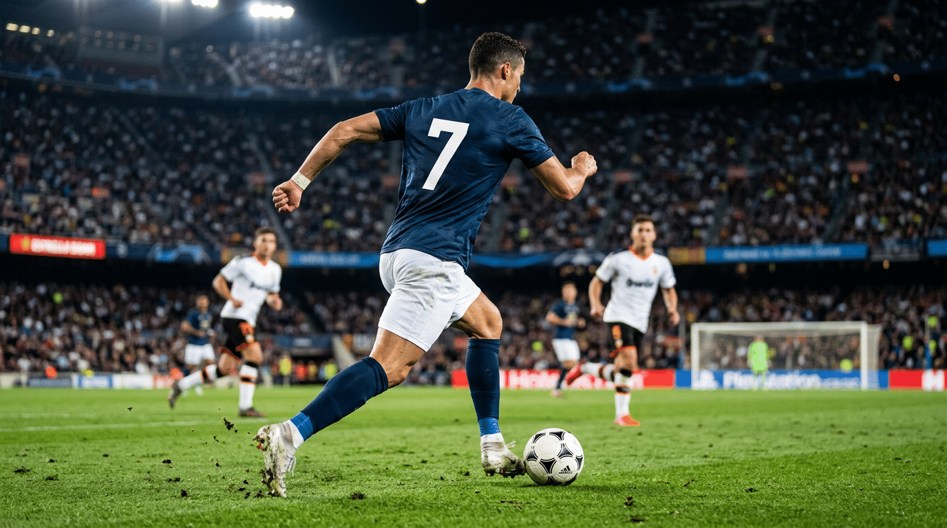 soccer player wearing number 7 dribbles the ball across the field as defenders close in during a packed stadium match